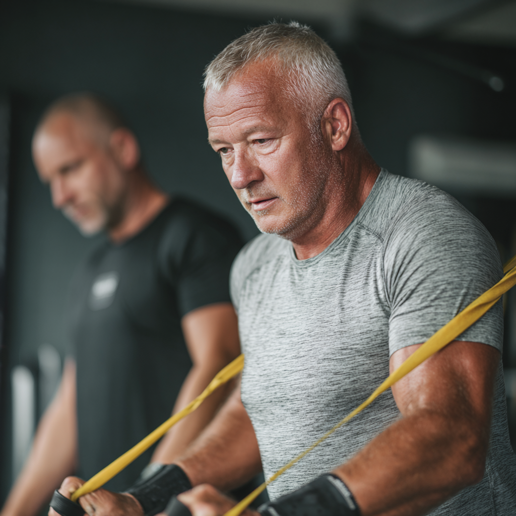 51 years old man working with personal trainer using resistance bands